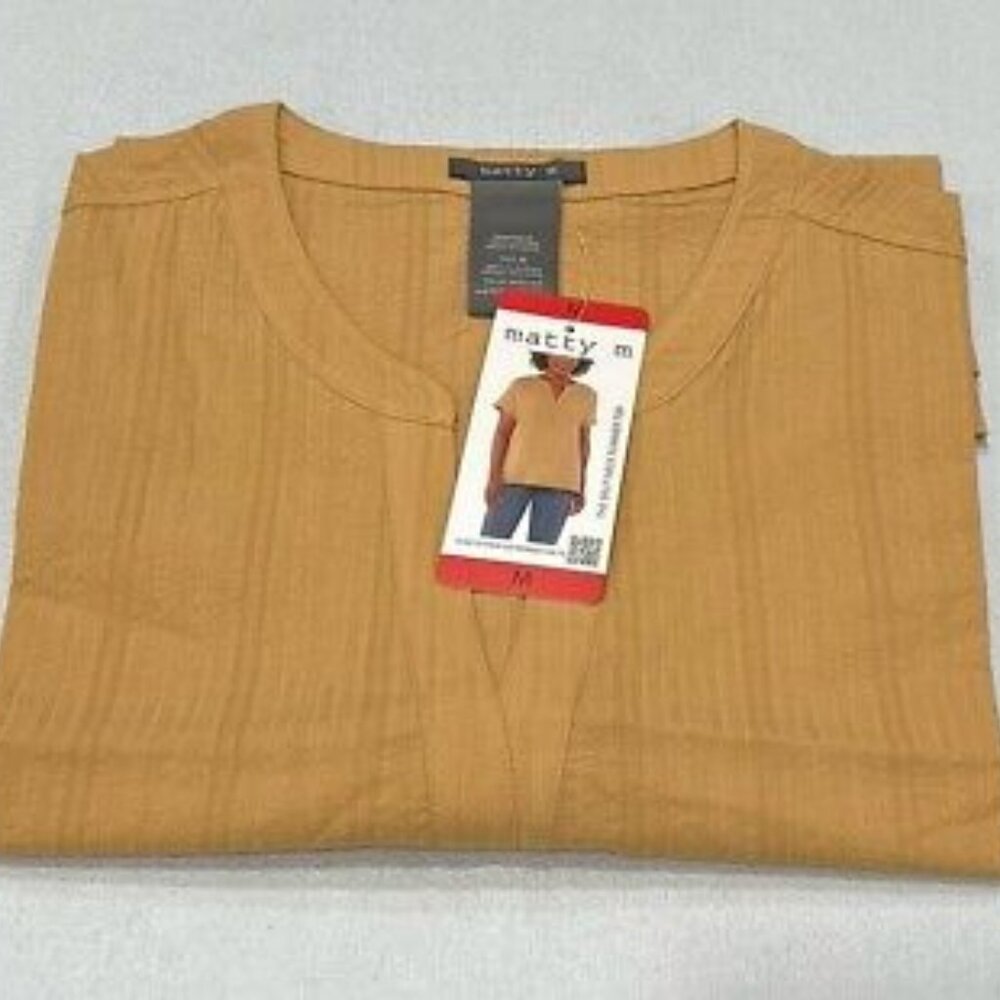 Matty M Split Neck v-neck Cotton Short Sleeve Honey Gold Yellow top shirt L Larg